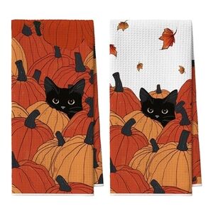 2/$20 Black Cat in Pumpkin Patch Kitchen Towels - Orange & Black
